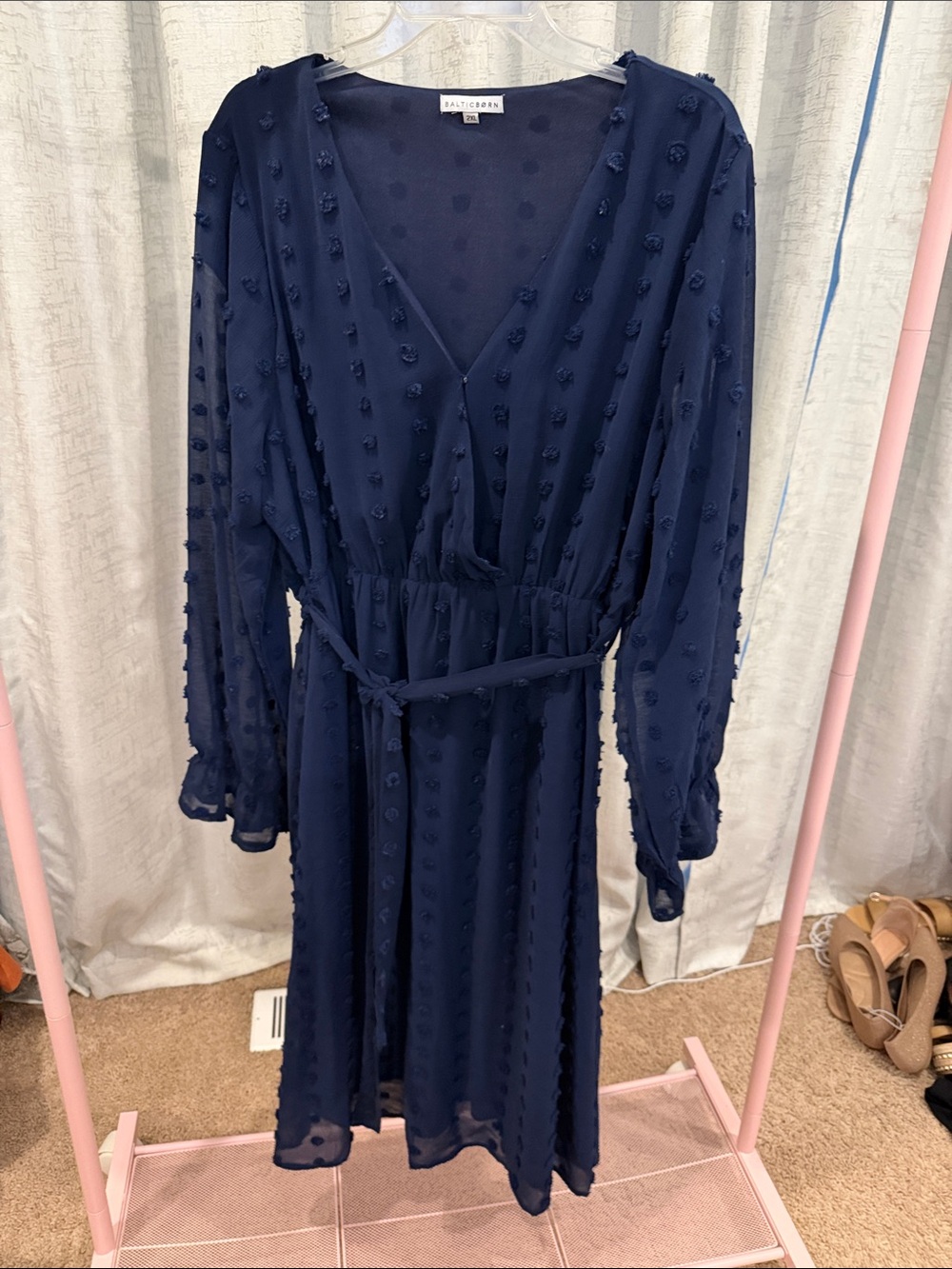 Baltic Born Navy Swiss Dot Wrap Midi Dress